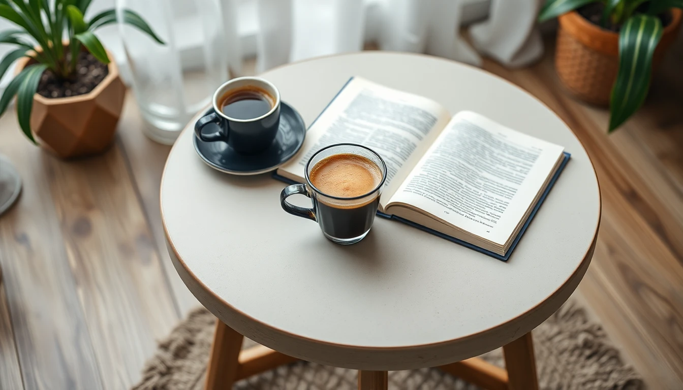 Mesa con libreta y café sobre madera